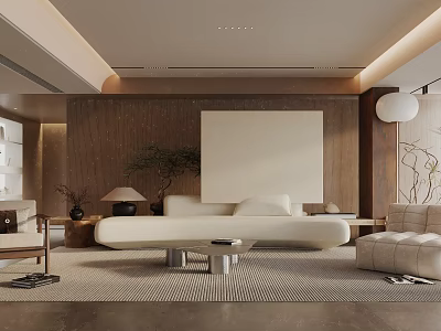 Modern Living Room Interior With Beige Sofa Wooden Wall Panel Large Artwork And Textured Rug 3d model