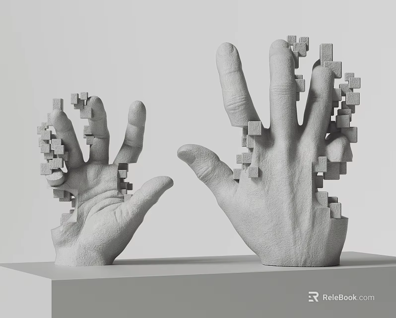 Abstract Hand Sculptures With Small Cubes Dissolving From Fingers And Palms 3d model