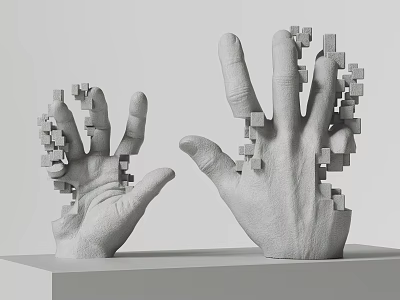 Abstract Hand Sculptures With Small Cubes Dissolving From Fingers And Palms 3d model