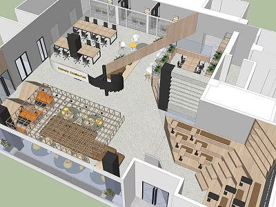 Modern Lounge Area Design With Seating Plants Staircase And Open Layout 3d model