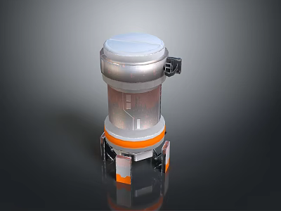 Industrial Cylindrical Equipment with White Top Cover Silver Metal Body Orange Ring on Support Stands 3d model