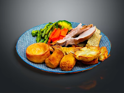 Roast Turkey Meat Served With Fresh Vegetables And Yorkshire Pudding On Blue Plate 3d model