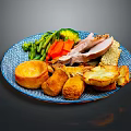 Roast Turkey Meat Served With Fresh Vegetables And Yorkshire Pudding On Blue Plate