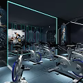 Modern Fitness Gym Interior With Spin Bikes Motivational Posters And Blue Lighting