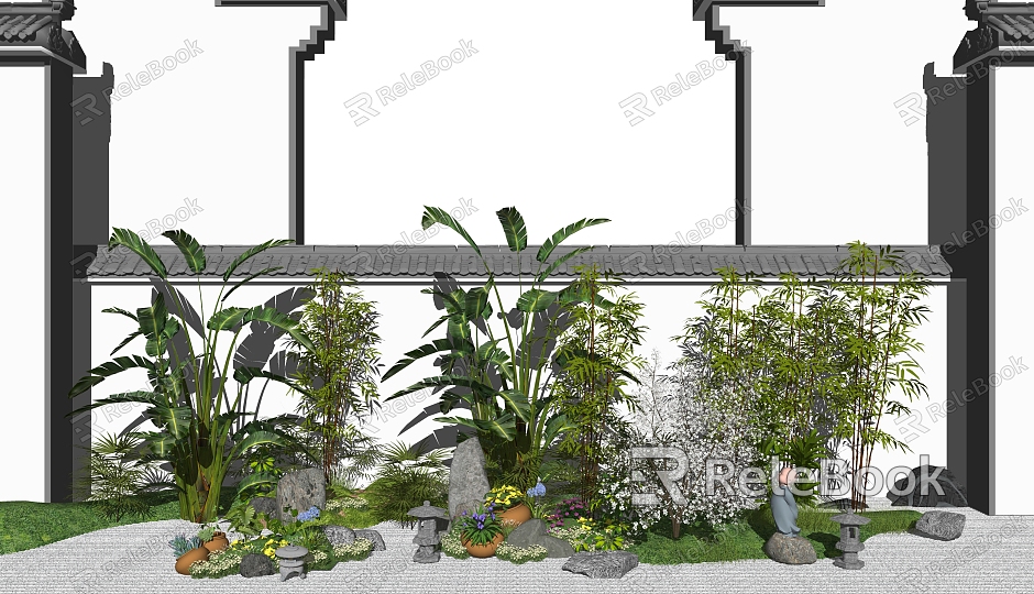 New Chinese style landscape sketch landscape sketch rockery stone courtyard landscape plant potted plant model