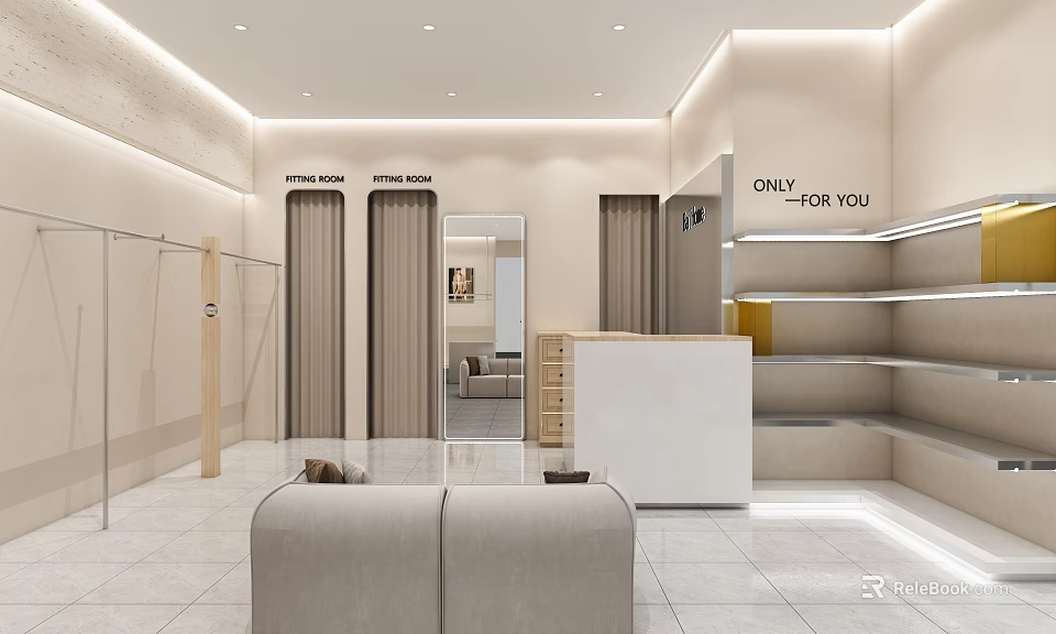 Bright Modern Clothing Store Interior With Fitting Rooms Clothing Racks And Cashier Counter 3d model 