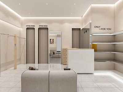 Bright Modern Clothing Store Interior With Fitting Rooms Clothing Racks And Cashier Counter 3d model