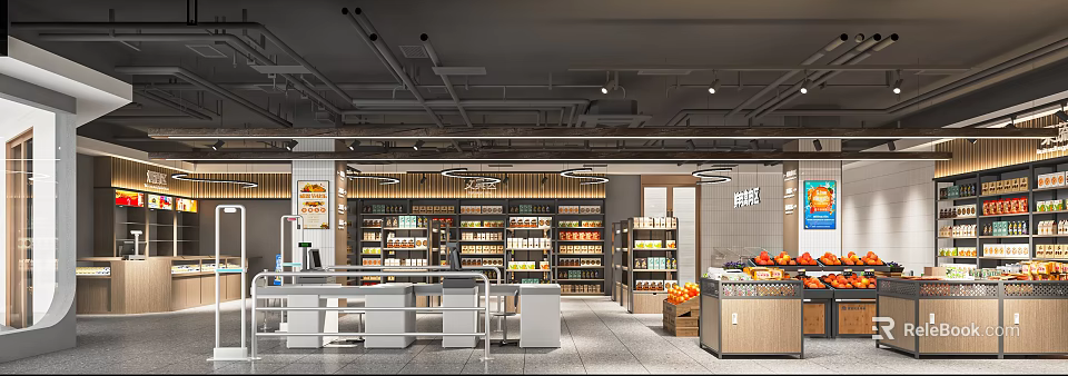 Modern Supermarket Interior With Product Shelves Fresh Fruit Display And Checkout Counter 3d model 