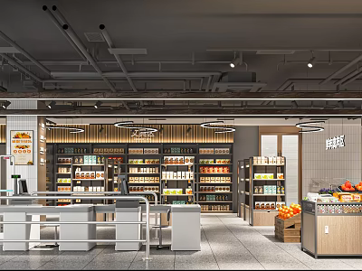 Modern Supermarket Interior With Product Shelves Fresh Fruit Display And Checkout Counter 3d model