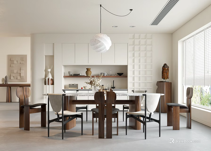 Modern Dining Room Interior With White Cabinets Pendant Light Wooden Table Chairs And Window Blinds 3d model 