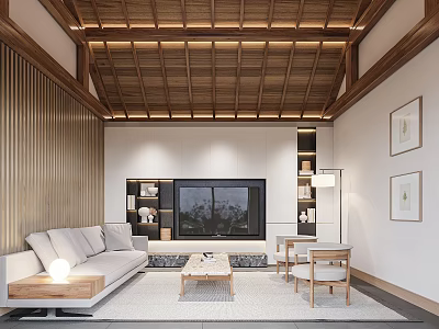 Modern Natural Living Room Interior Design With Wooden Ceiling Sofa And Coffee Table 3d model
