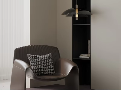 Brown Lounge Chair With Black White Houndstooth Pillow in Minimalist Interior With Bookshelf Hanging Lamp 3d model