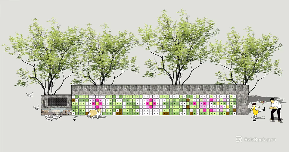 Outdoor Feature Wall With Green And Pink Mosaic Patterns And Surrounding Trees 3d model 