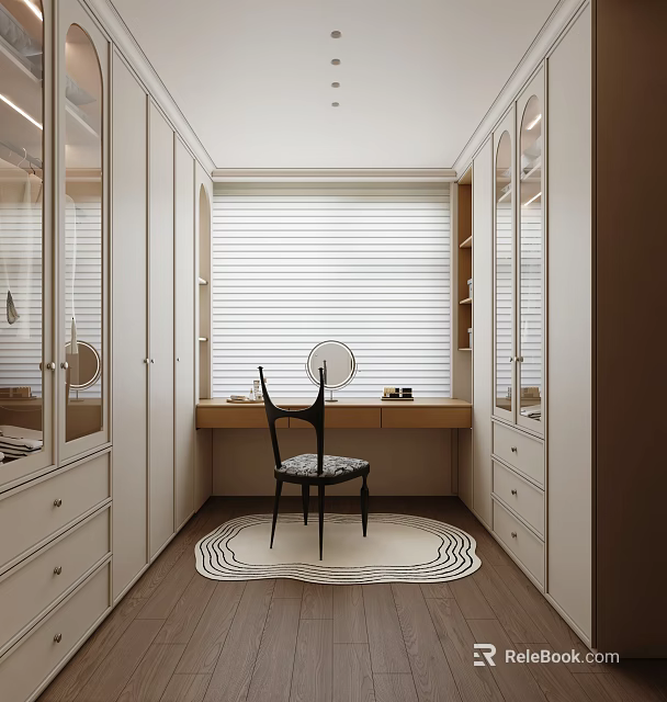 Modern Walk-in Closet Interior With Glass Fronted Cabinets Blinds Dressing Table Chair And Rug 3d model 