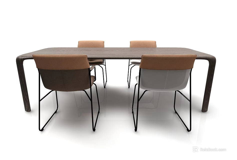 Modern Dining Table Set With Rectangular Table And Brown Upholstered Chairs With Metal Legs 3d model