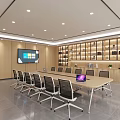 Modern Meeting Room Interior Design With Long Table Wooden Bookshelves And Lawn View