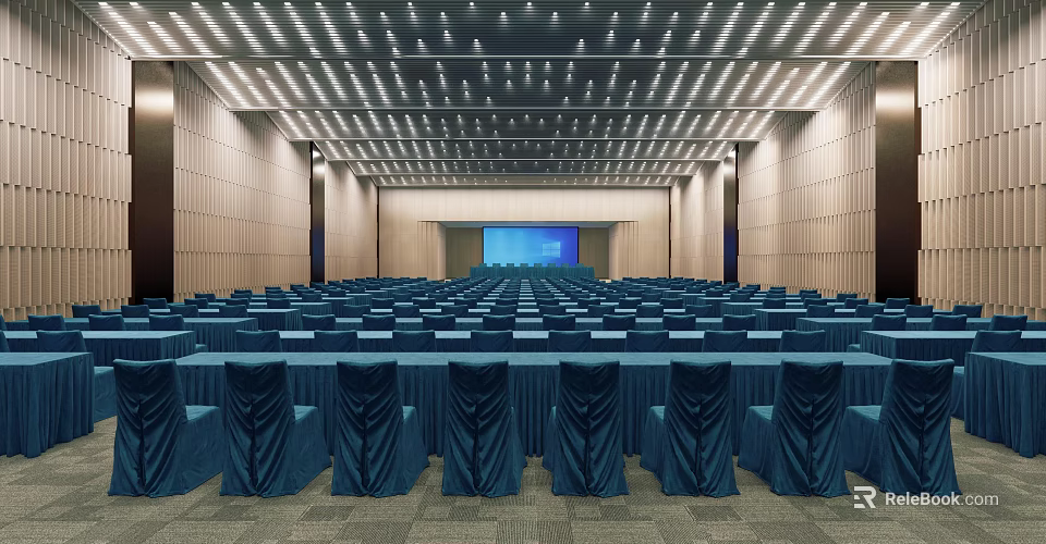 Modern Conference Room Interior With Blue Covered Chairs Large Screen Wooden Walls And Lighting 3d model 