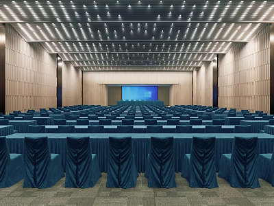 Modern Conference Room Interior With Blue Covered Chairs Large Screen Wooden Walls And Lighting 3d model