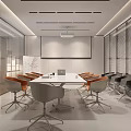 Modern Conference Room Interior Design With White Table Projector Screen Lighting And Comfortable Chairs
