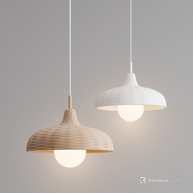 Modern Beige And White Woven Pendant Lights With Dome Shades And Illuminated Round Bulbs 3d model 