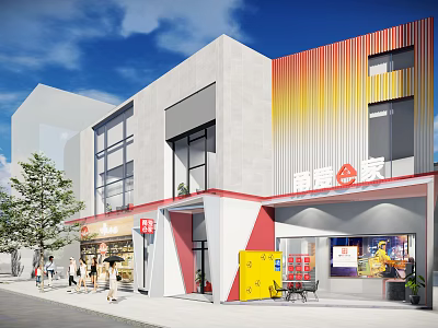 Modern Nanyue Shijia Commercial Building Exterior With Colorful Facade Glass Windows And Pedestrians 3d model