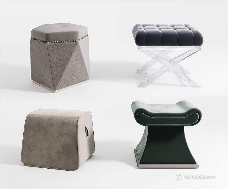Modern Ottoman Stools with Various Designs and Velvet Leather Upholstery for Home Decor 3d model 