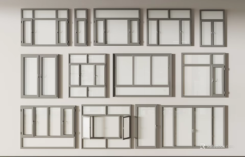 Various Modern Window Designs With Aluminum Frames And Glass Panels 3d model