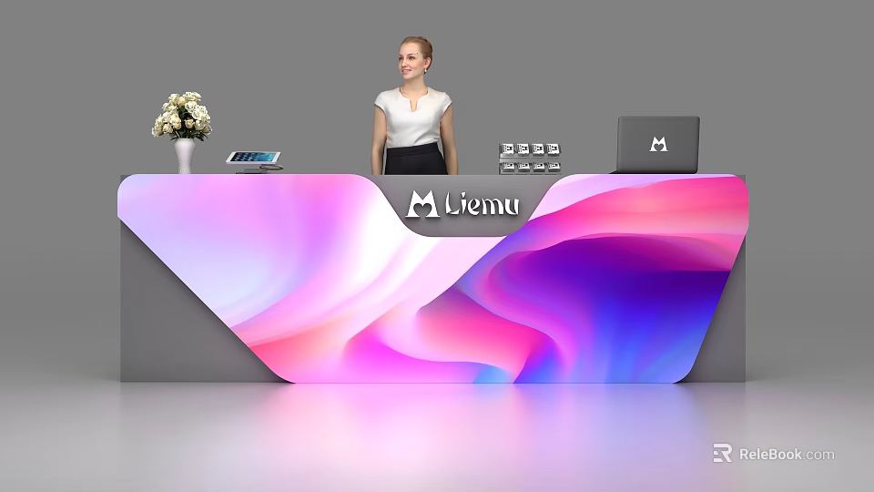 Colorful Gradient Wave Design Reception Desk With Vase Tablet Laptop Liemu Logo And Receptionist 3d model 