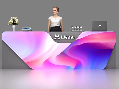 Colorful Gradient Wave Design Reception Desk With Vase Tablet Laptop Liemu Logo And Receptionist 3d model