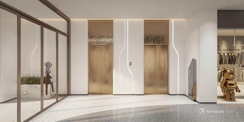 Modern Elevator Lobby Interior Design With Golden Doors White Linear Lighting And Light Patterned Floor 3d model 
