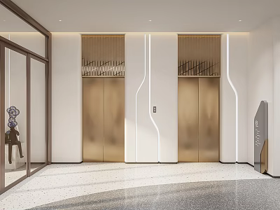 Modern Elevator Lobby Interior Design With Golden Doors White Linear Lighting And Light Patterned Floor 3d model