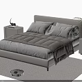 Modern Double Bed with Gray Comforter Pillows Nightstands Green Plant and Robot Vacuum on Rug