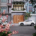 Detached Villa Exterior With Large Windows Greenery And Wooden Gate