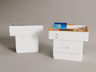 Two White Podiums With Wooden Top Laptop And Screen Display Equipment 3d model