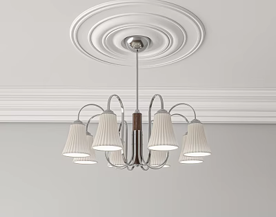 Modern Elegant Chandelier With White Lampshades And Circular Ceiling Medallion Design 3d model