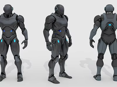 Three Angles View Of Futuristic Sci Fi Robot With Black Armor And Blue Glowing Accents 3d model