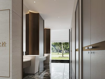 Modern Hotel Bathroom Interior With Marble Walls Large Mirror And Outdoor View 3d model