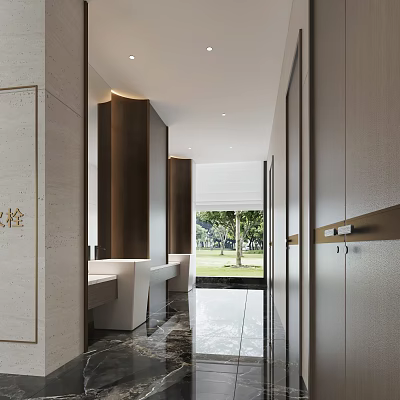 Modern Hotel Bathroom Interior With Marble Walls Large Mirror And Outdoor View 3d model