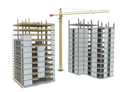 Modern Construction Site Under Construction With High Rise Buildings Crane And Scaffolding 3d model