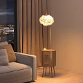 Elegant Feather Shade Floor Lamp In Living Room With Brown Curtains And Night View