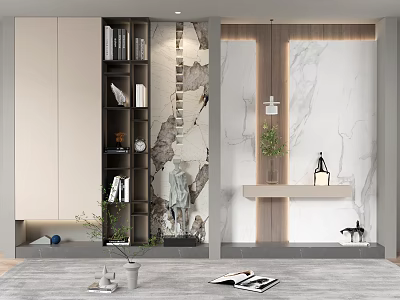 Modern Shoe Cabinet Design With Open Shelves And Marble Wall Decor 3d model