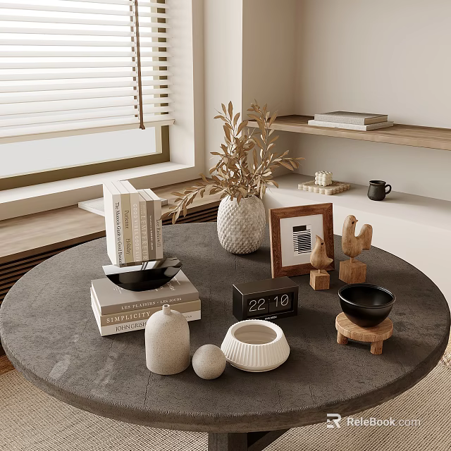 Stylish Interior With Window Blinds Shelf Round Table Books Plant Frame Clock Bowls 3d model 