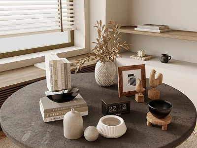 Stylish Interior With Window Blinds Shelf Round Table Books Plant Frame Clock Bowls 3d model