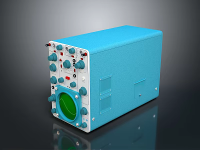 Blue Electronic Control Device With Multiple Knobs Buttons And Green Circular Panel 3d model