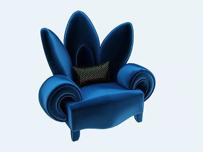 Modern Blue Petal Shaped Single Sofa Featuring Curved Armrests and Polka Dot Cushion 3d model