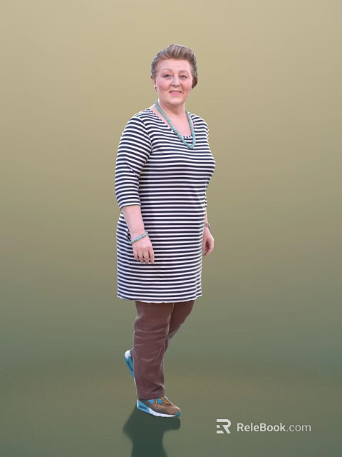 A woman wearing striped dress and brown pants with necklace and bracelet on green background 3d model 