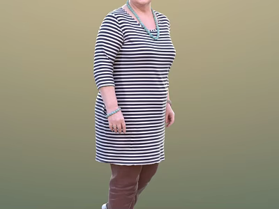 A woman wearing striped dress and brown pants with necklace and bracelet on green background 3d model