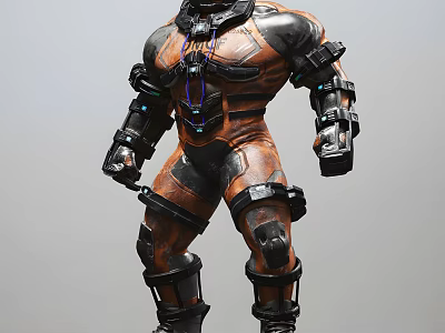 Sci Fi Game Character in Orange Black Armor with Mechanical Parts and Glowing Blue Accents 3d model