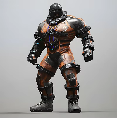 Sci Fi Game Character in Orange Black Armor with Mechanical Parts and Glowing Blue Accents 3d model