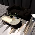 Modern Double Sofa Living Room With Round Coffee Table Green Plants And Wooden Floor